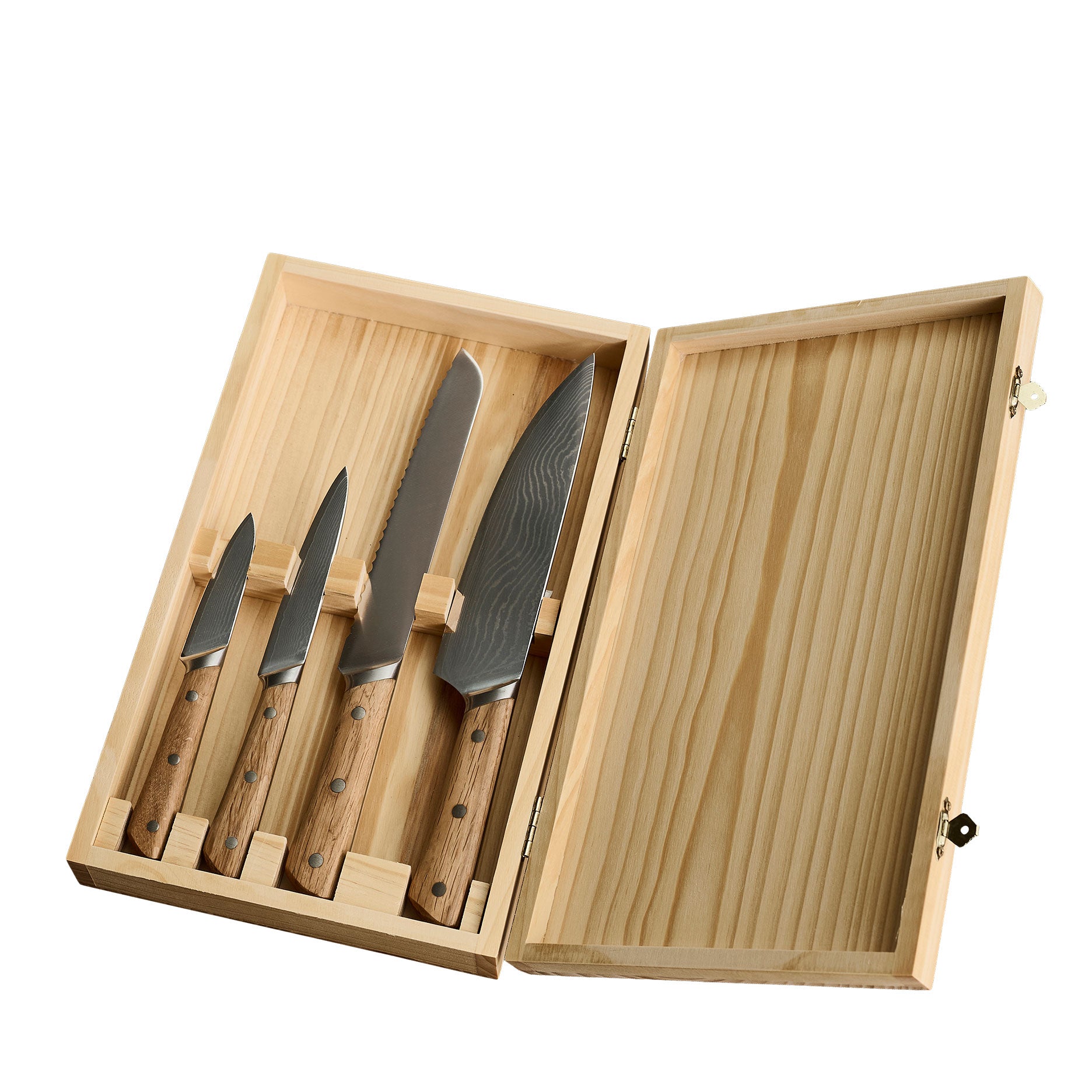 Damaskus knivsæt 4 dele egetræ